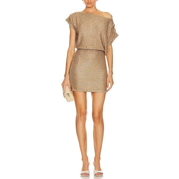 Sovere Dresses & Skirts - Sovere 'Gleam' Gold Sequin Embellished One Shoulder Mini Dress Size S
